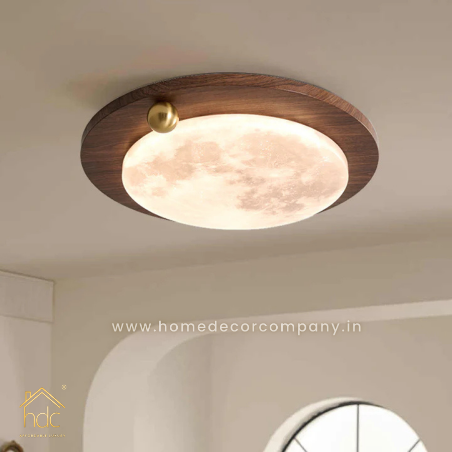 HDC Modern Minimalist Iron Imitation Walnut Wood Grain Acrylic Round Shade LED Flush Mount Ceiling Light For Bedroom