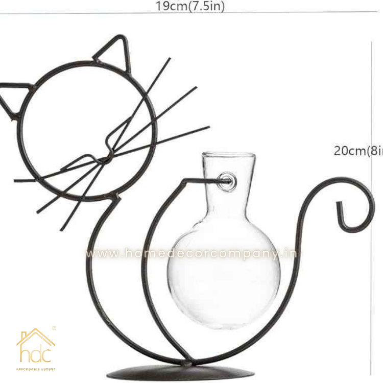 HDC Cat Glass Planter Vase Holder, Plant Terrarium Metal Stand for Hydroponics Plants Home Garden Decoration Ideas Modern
