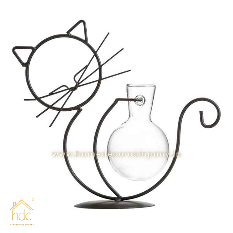 HDC Cat Glass Planter Vase Holder, Plant Terrarium Metal Stand for Hydroponics Plants Home Garden Decoration Ideas Modern