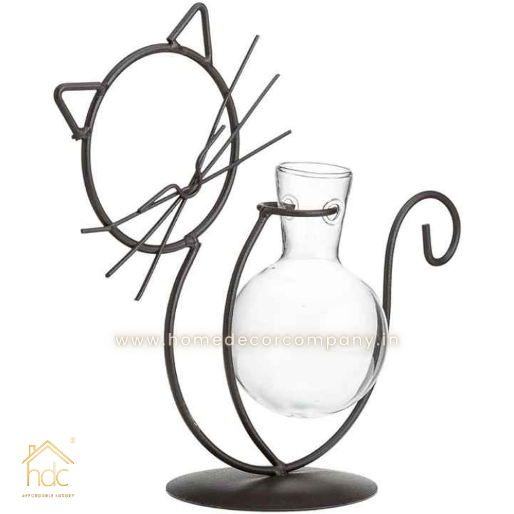 HDC Cat Glass Planter Vase Holder, Plant Terrarium Metal Stand for Hydroponics Plants Home Garden Decoration Ideas Modern