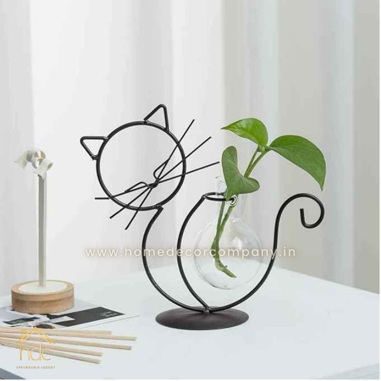 HDC Cat Glass Planter Vase Holder, Plant Terrarium Metal Stand for Hydroponics Plants Home Garden Decoration Ideas Modern