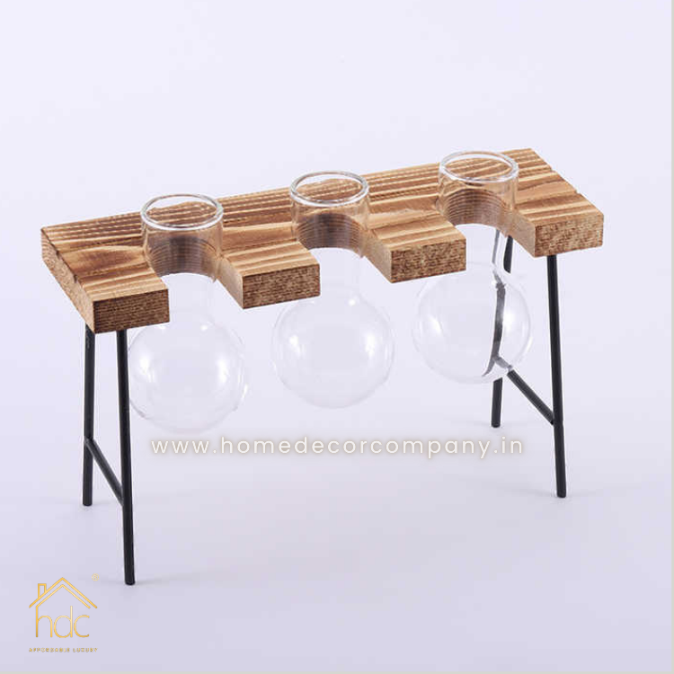 HDC Indoor Propagation Station Wooden Stand With 3 Bulb-Shaped Glass Vases Test Tube (Style 3)