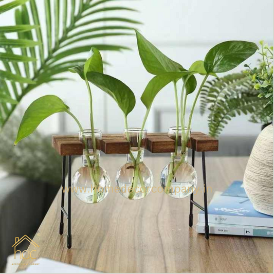 HDC Indoor Propagation Station Wooden Stand With 3 Bulb-Shaped Glass Vases Test Tube (Style 3)