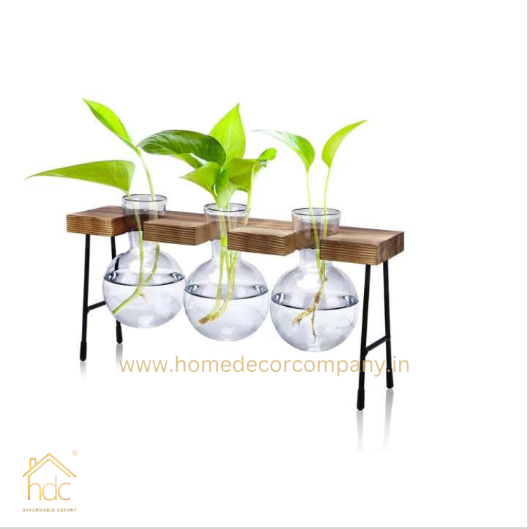 HDC Indoor Propagation Station Wooden Stand With 3 Bulb-Shaped Glass Vases Test Tube (Style 3)