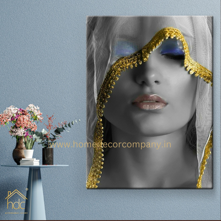 Hdc Yellow embroidered Girl Canvas Wall Art, African Woman Decor, Modern Paintings, Fashion Art, Woman with golden shawl Art, Elegant Woman