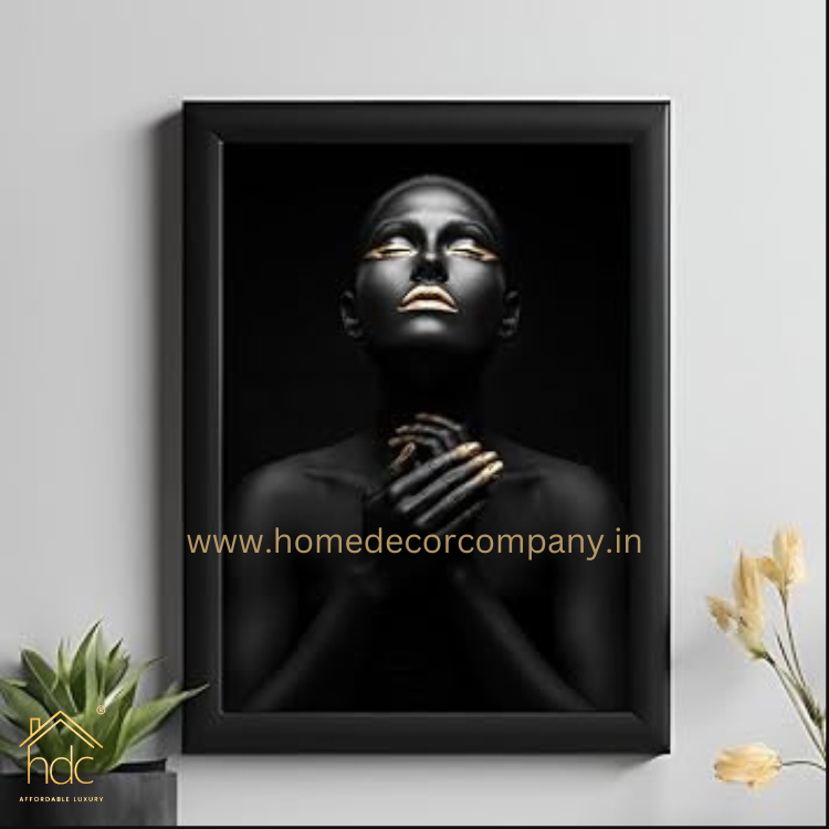 Hdc African American Beauty Portrait Canvas Wall Art, Modern Black & Gold Abstract Prints for Home Decor