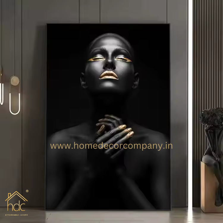 Hdc African American Beauty Portrait Canvas Wall Art, Modern Black & Gold Abstract Prints for Home Decor