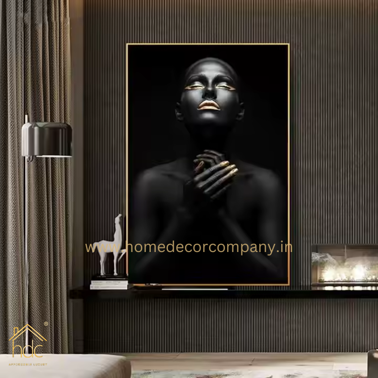 Hdc African American Beauty Portrait Canvas Wall Art, Modern Black & Gold Abstract Prints for Home Decor