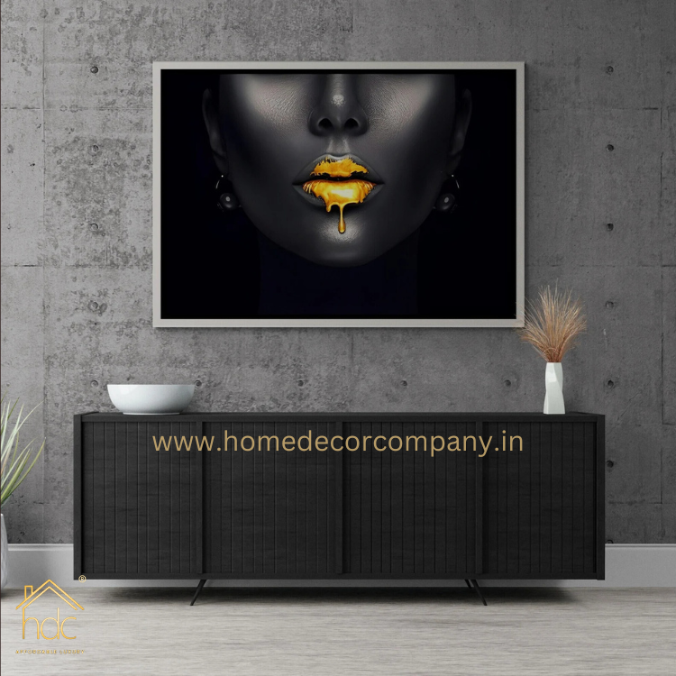 Hdc Golden Lips Framed Canvas, Black Woman Wall Art, Trendy Wall Art, Girl with Earring Canvas, Luxury Gold Liquid Drops White Framed Canvas