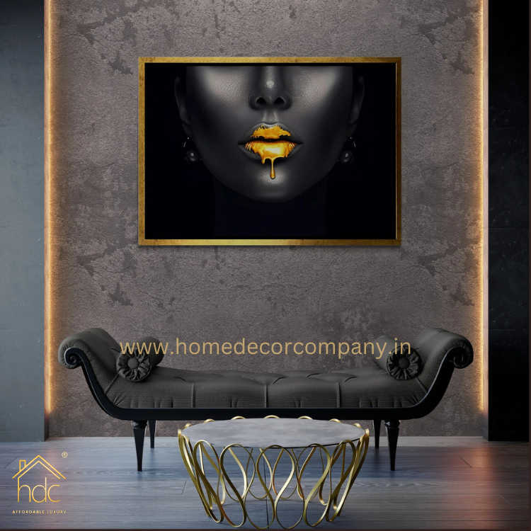 Hdc Golden Lips Framed Canvas, Black Woman Wall Art, Trendy Wall Art, Girl with Earring Canvas, Luxury Gold Liquid Drops White Framed Canvas