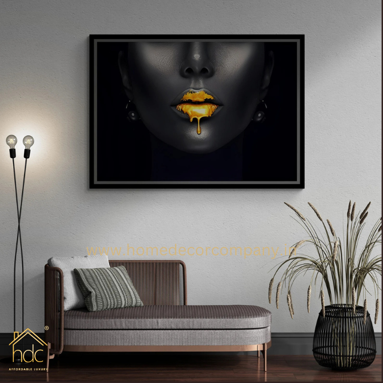 Hdc Golden Lips Framed Canvas, Black Woman Wall Art, Trendy Wall Art, Girl with Earring Canvas, Luxury Gold Liquid Drops White Framed Canvas