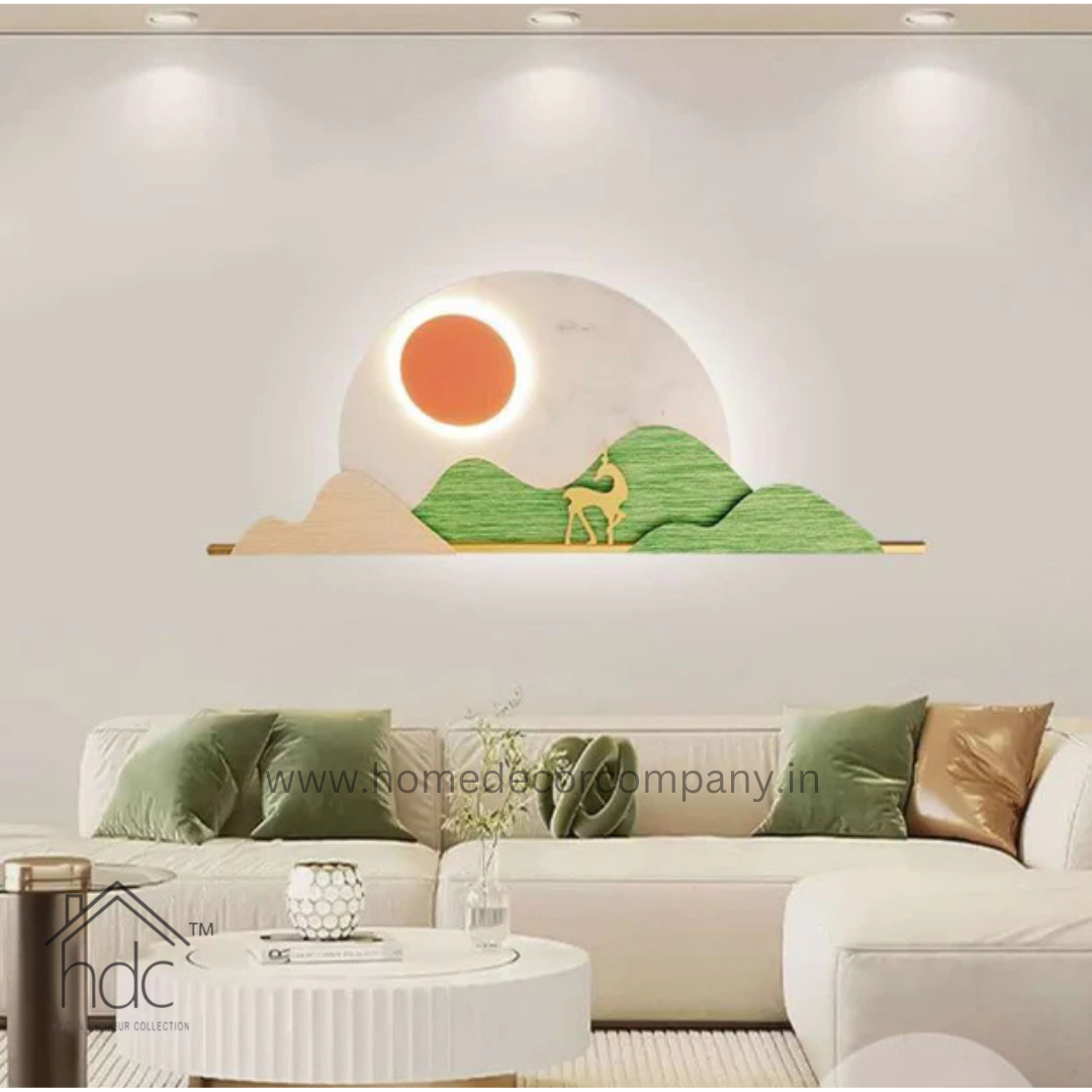 HDC Abstract landscape Circular Sun With Deer Silhouette Led Metal Wall Art Decor For Home Decor