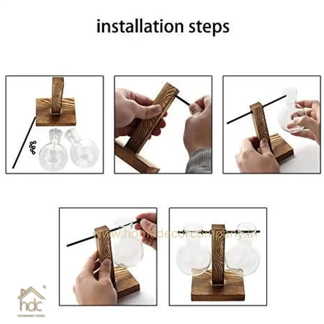 HDC Indoor Propagation Station Wooden Stand With 2 Bulb-Shaped Glass Vases Test Tube (Style 2)