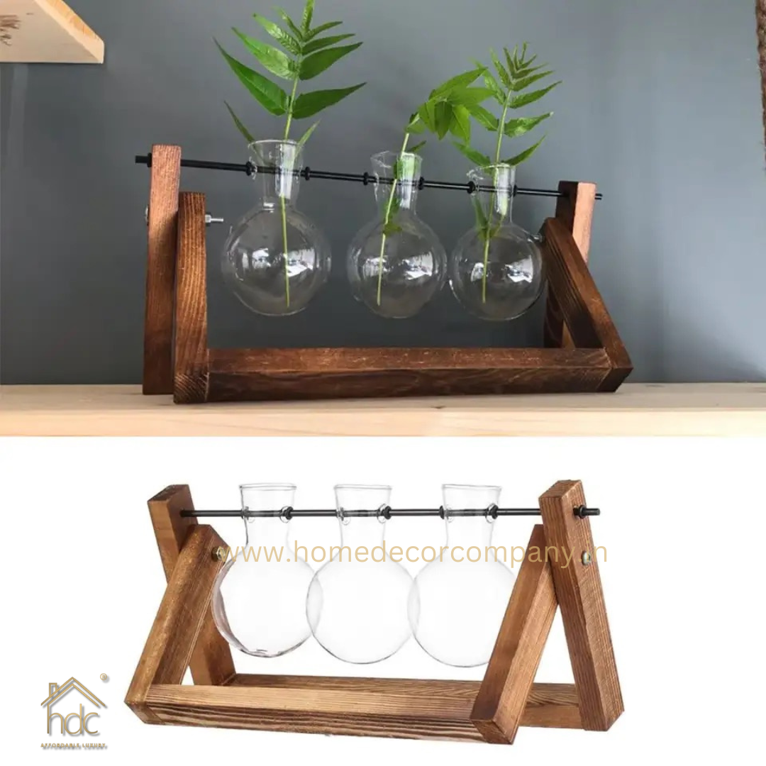 HDC Indoor Propagation Station Wooden Stand With 3 Bulb-Shaped Glass Vases Test Tube (Style 3)