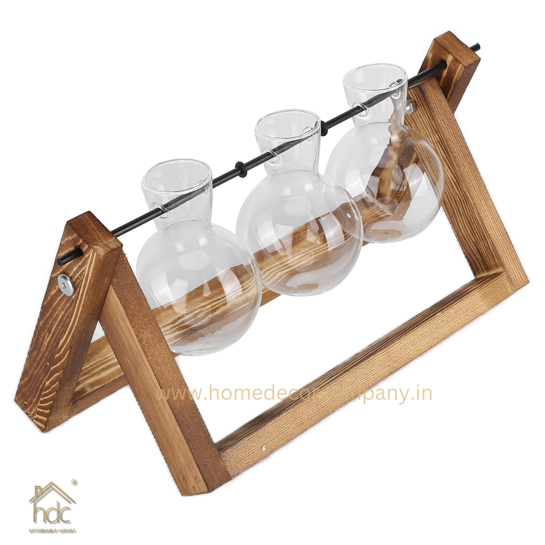 HDC Indoor Propagation Station Wooden Stand With 3 Bulb-Shaped Glass Vases Test Tube (Style 3)