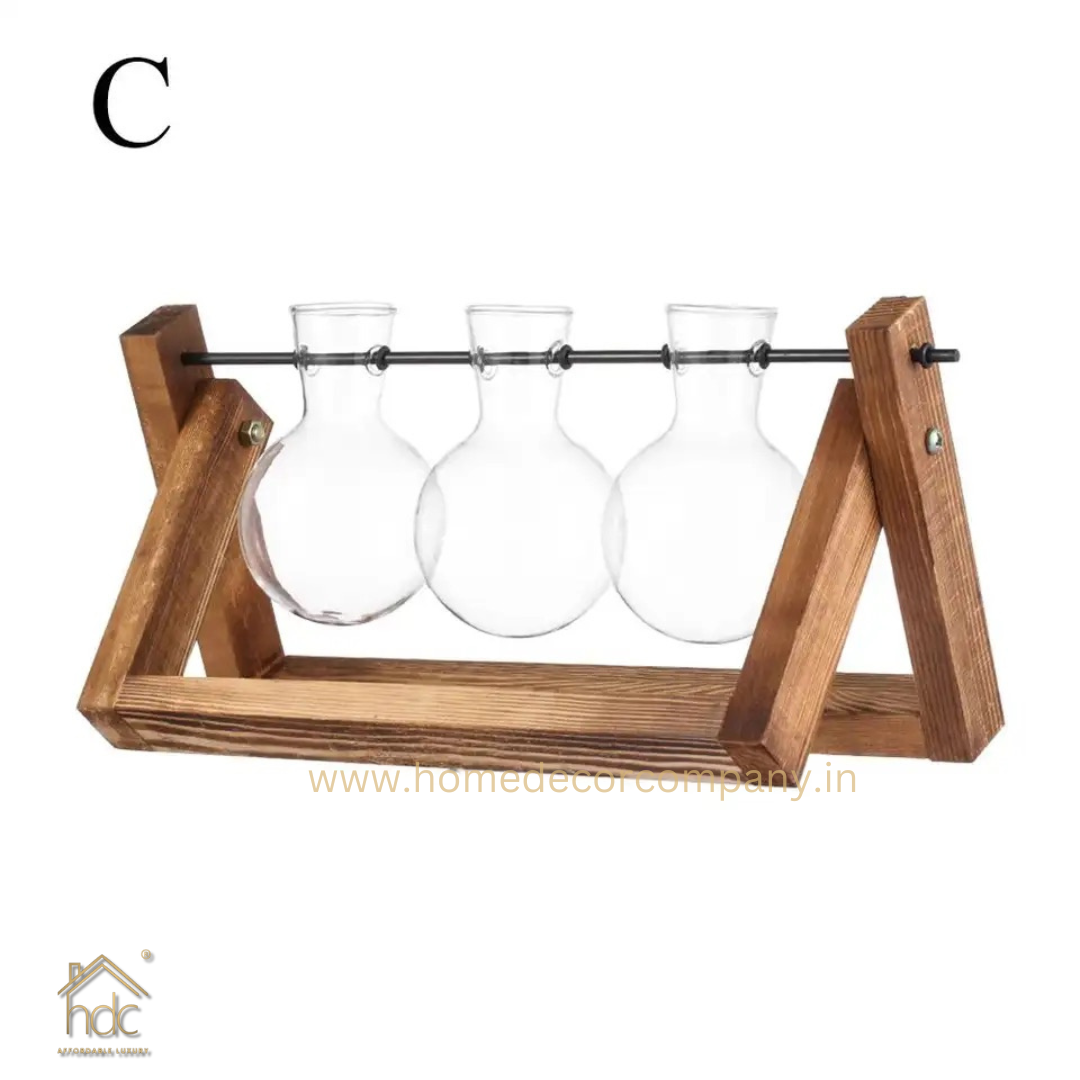 HDC Indoor Propagation Station Wooden Stand With 3 Bulb-Shaped Glass Vases Test Tube (Style 3)