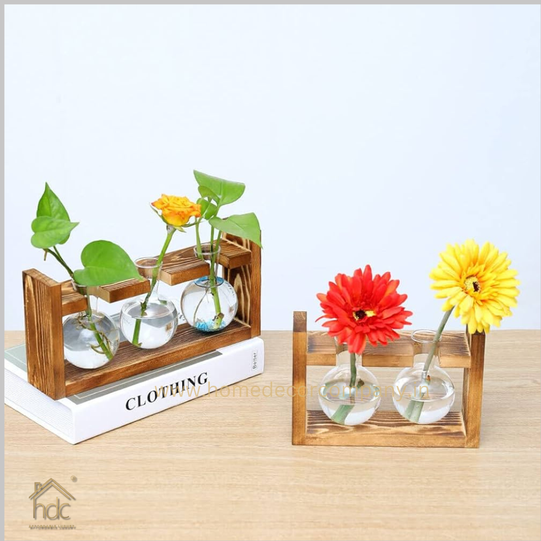 HDC Indoor Propagation Station Wooden Stand With 1 Bulb-Shaped Glass Vases Test Tube (Style 2)