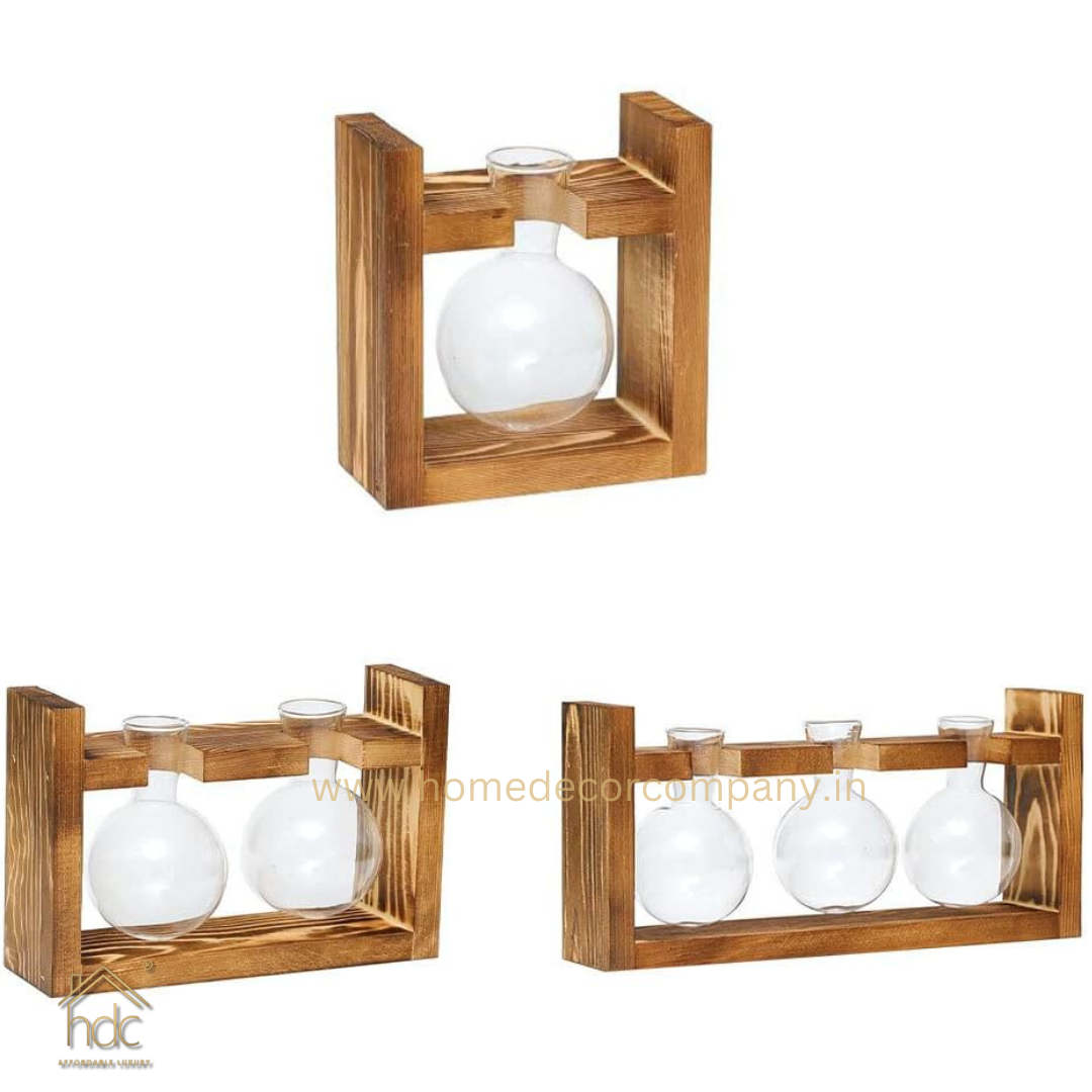 HDC Indoor Propagation Station Wooden Stand With 1 Bulb-Shaped Glass Vases Test Tube (Style 1)