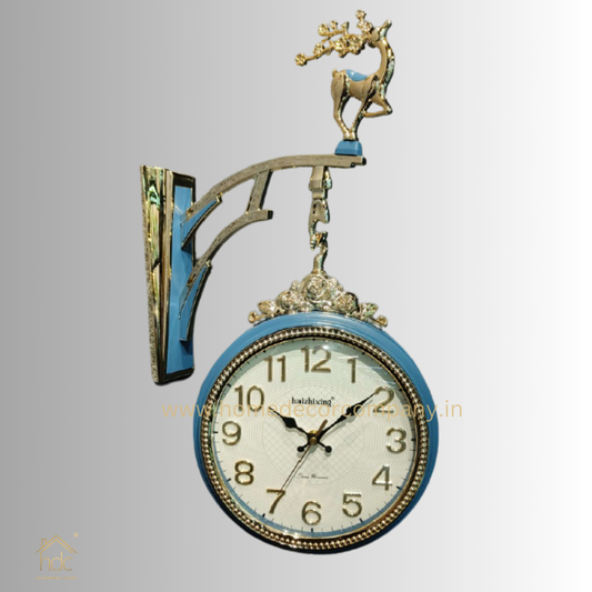 HDC Modern Double-Sided Wall Clock With a Vintage Design Blue and Gold Color Scheme, With a Deer-shaped Ornament on Top