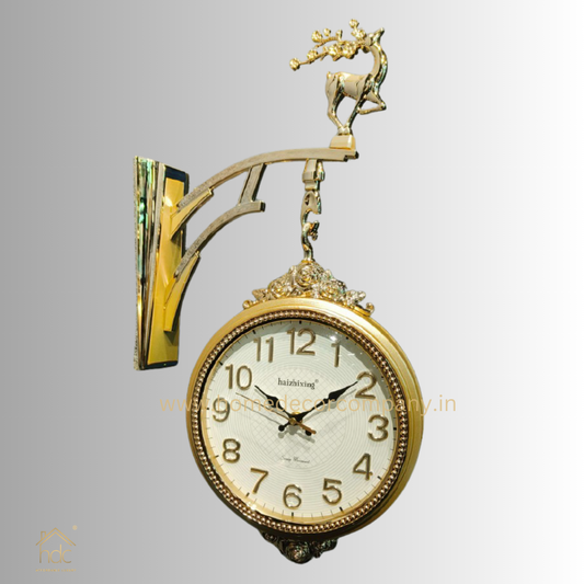HDC Modern Double-Sided Wall Clock With a Decorative Golden Frame and a Deer Figurine on Top