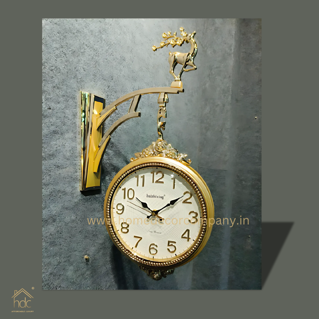 HDC Modern Double-Sided Wall Clock With a Decorative Golden Frame and a Deer Figurine on Top