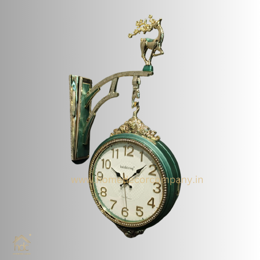 HDC Modern Double-Sided Wall Clock With a Decorative Clock has a Green Casing and a Deer-Shaped Ornament at the Top