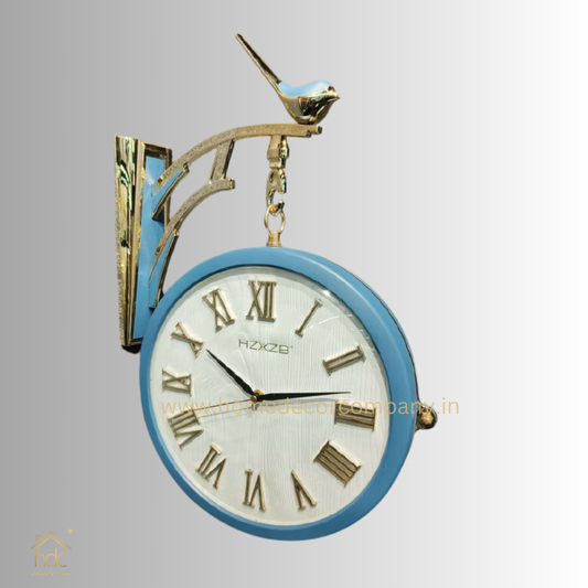 HDC Modern Double-Sided Vintage-Style Station Clock With a Decorative Clock has a Light Blue Frame, a White Face with Roman Numerals Hanging Clock with a Bird Perched on Top