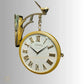 HDC Modern Double-Sided Vintage-Style Station Clock With a Decorative Clock has a Gold Frame, a White Face with Roman Numerals Hanging Clock with a Bird Perched on Top