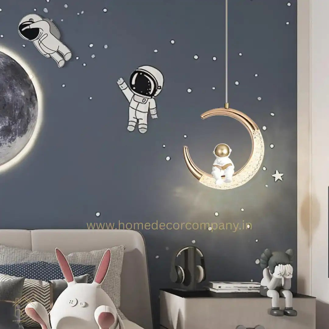 HDC Astronaut Nordic Spaceman Half Moon Pendant Light for Kids Bedroom Gold LED Chandelier for Boy Girl Bedside Children Nursery Room