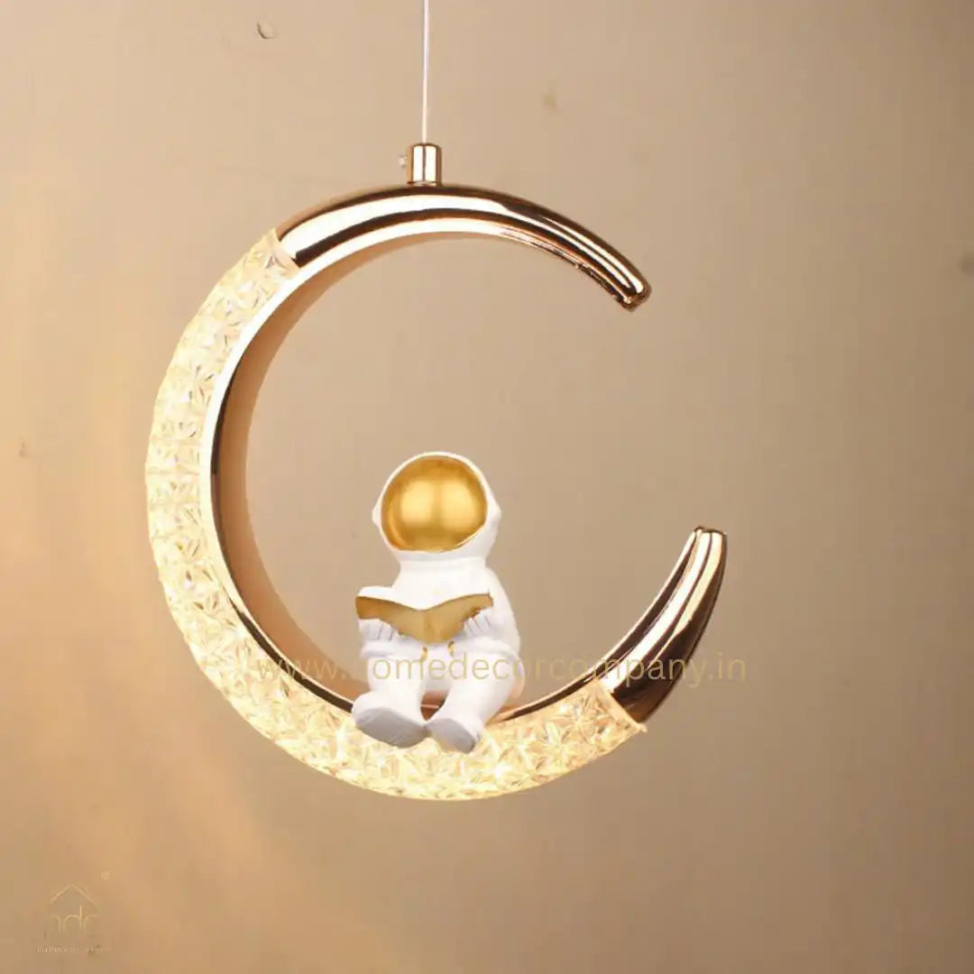 HDC Astronaut Nordic Spaceman Half Moon Pendant Light for Kids Bedroom Gold LED Chandelier for Boy Girl Bedside Children Nursery Room