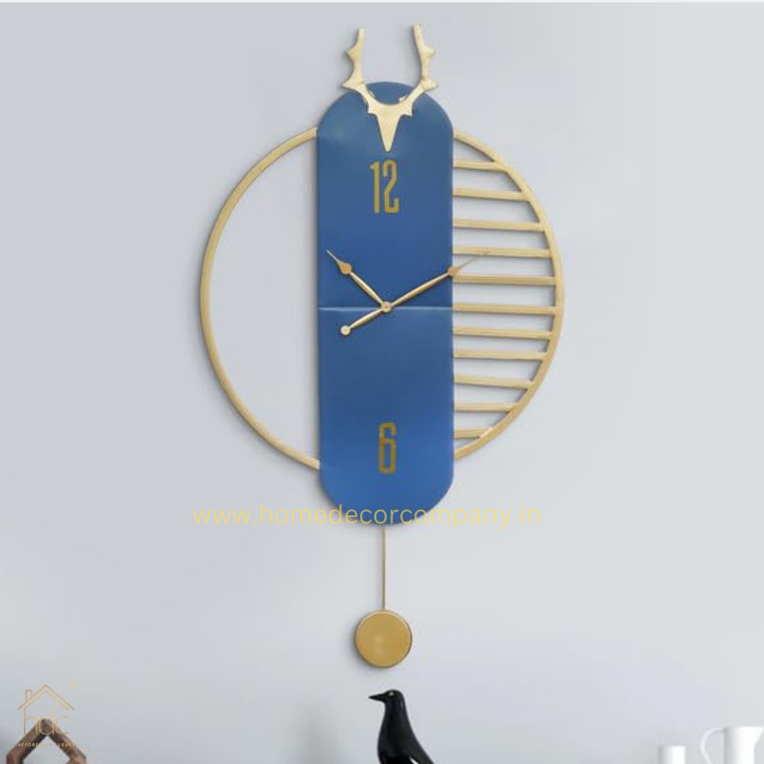 Hdc Beautiful Deer Head on Top Golden Color Case Metal Blue Dial Pendulum Style Analog Wall Clock for Living Room Home Decor Office Gifts