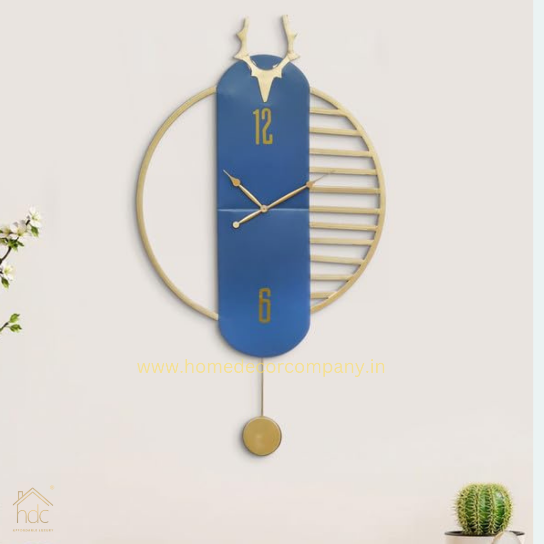 Hdc Beautiful Deer Head on Top Golden Color Case Metal Blue Dial Pendulum Style Analog Wall Clock for Living Room Home Decor Office Gifts