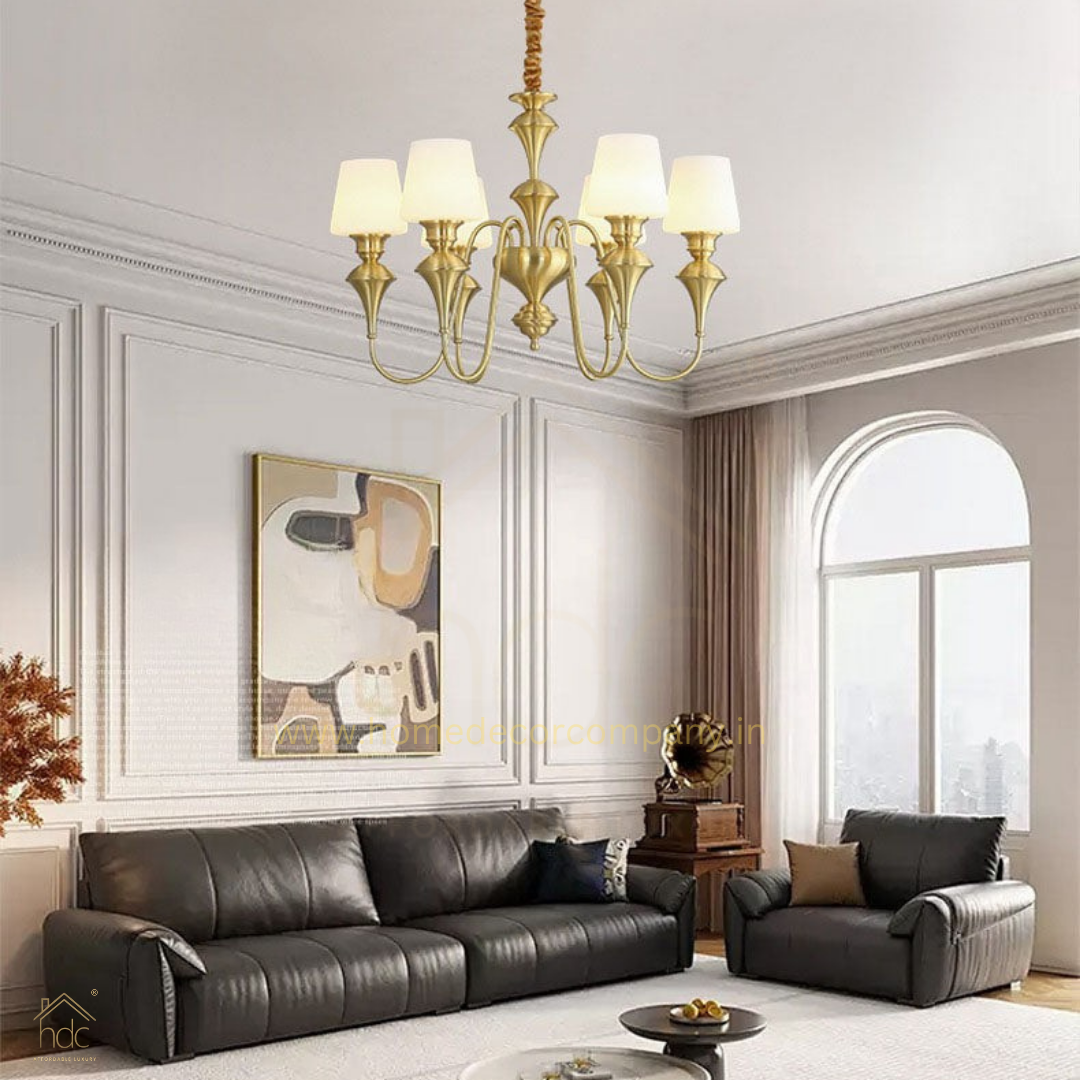 HDC 6 Light Frost Glass Brass Italian Chandelier Light for Dining Hall - Warm White