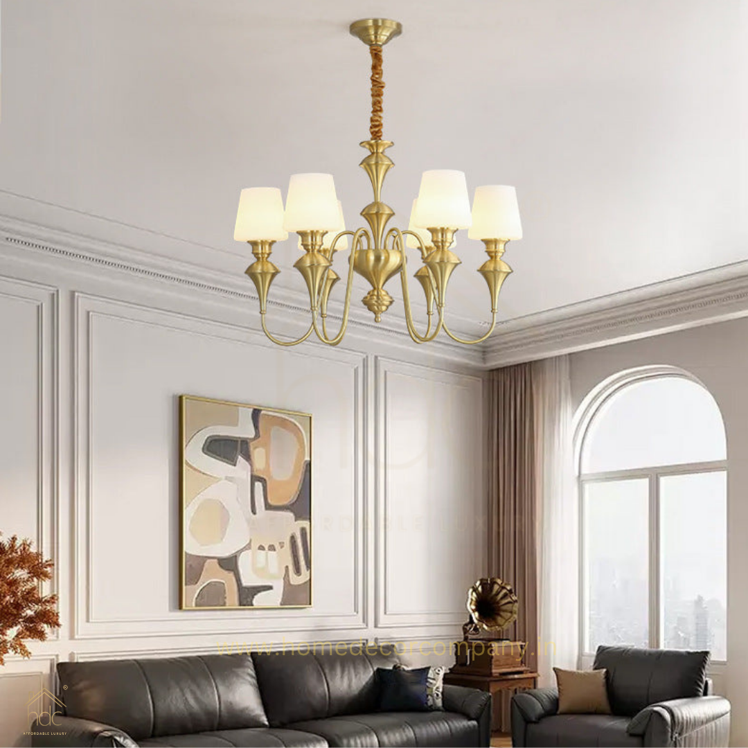 HDC 6 Light Frost Glass Brass Italian Chandelier Light for Dining Hall - Warm White