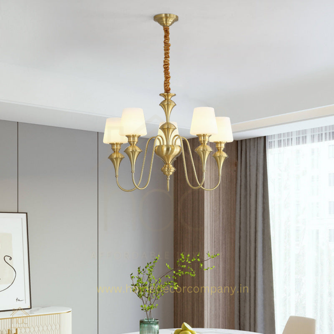 HDC 6 Light Frost Glass Brass Italian Chandelier Light for Dining Hall - Warm White