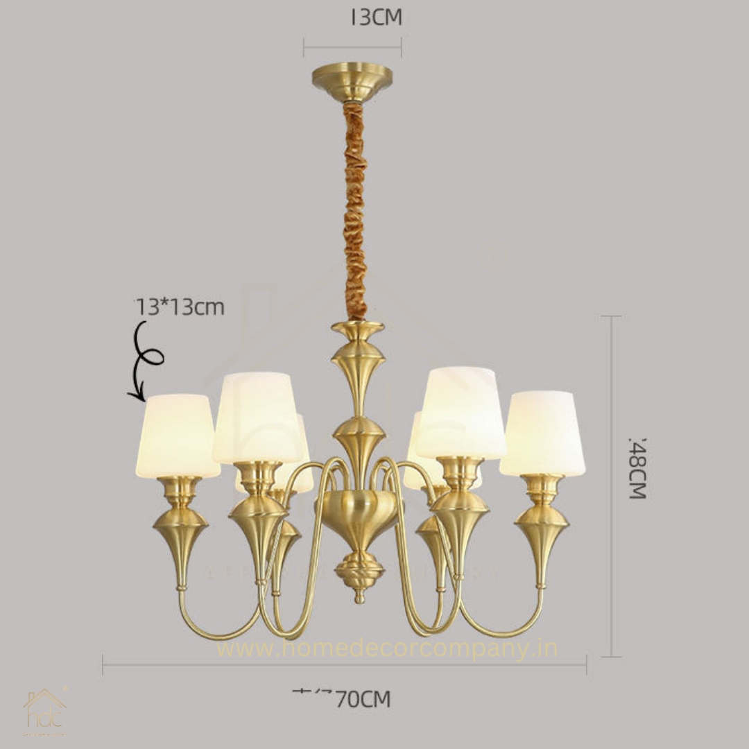 HDC 6 Light Frost Glass Brass Italian Chandelier Light for Dining Hall - Warm White