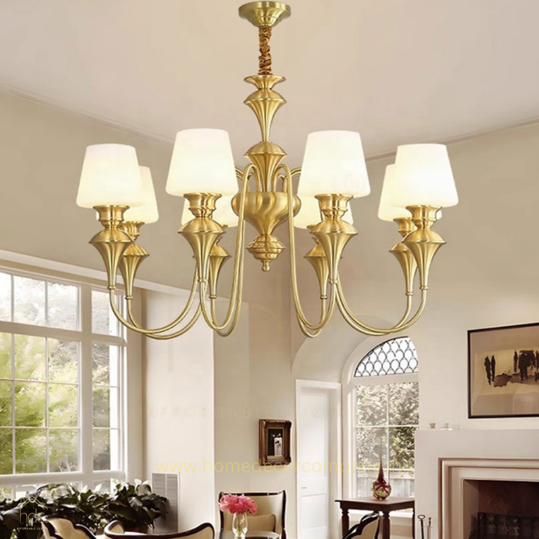 HDC 6 Light Frost Glass Brass Italian Chandelier Light for Dining Hall - Warm White