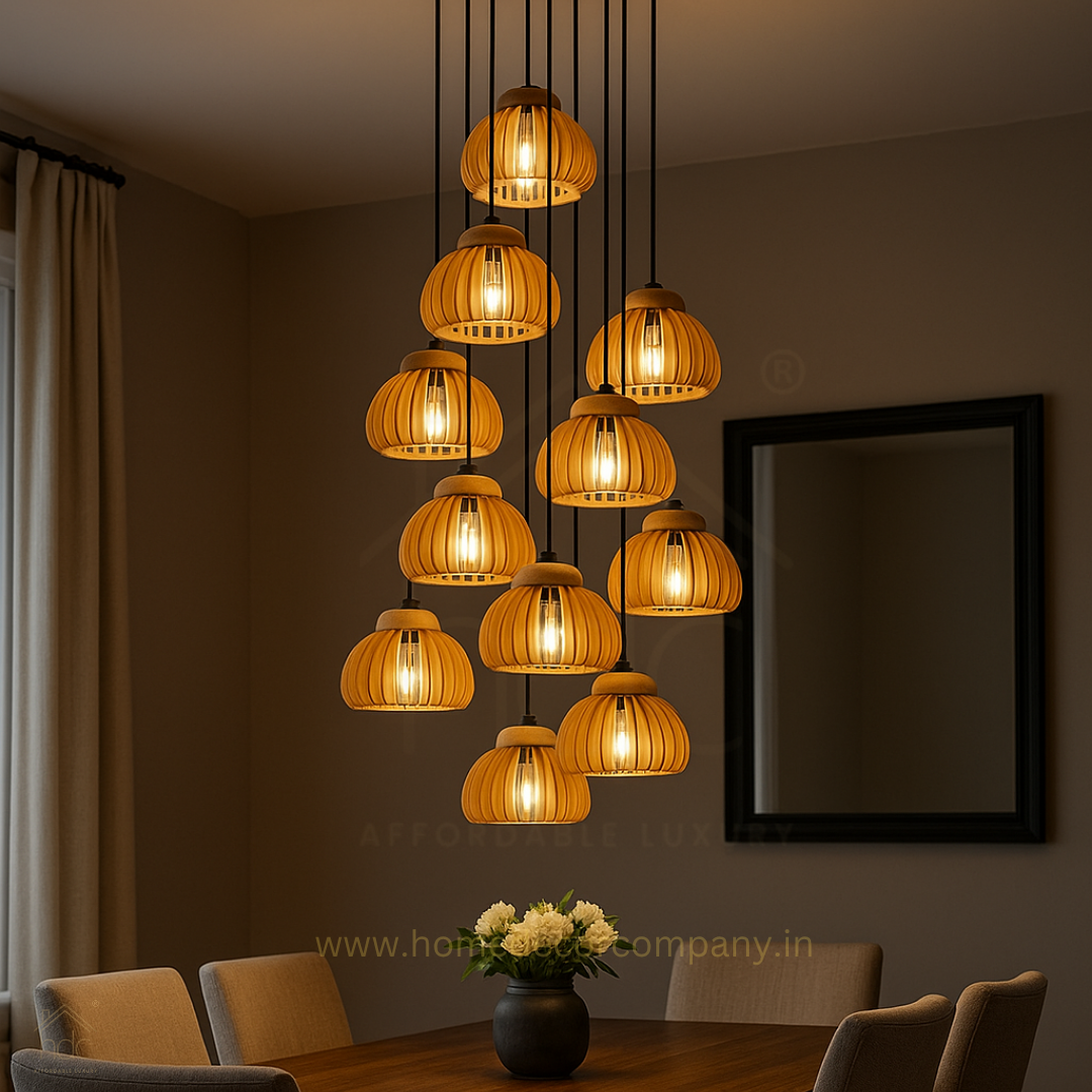 HDC E27 Wooden Pendant Light with Wooden Lampshade and Pumpkin Shape Height Adjustable Middle Size Ceiling Chandelier
