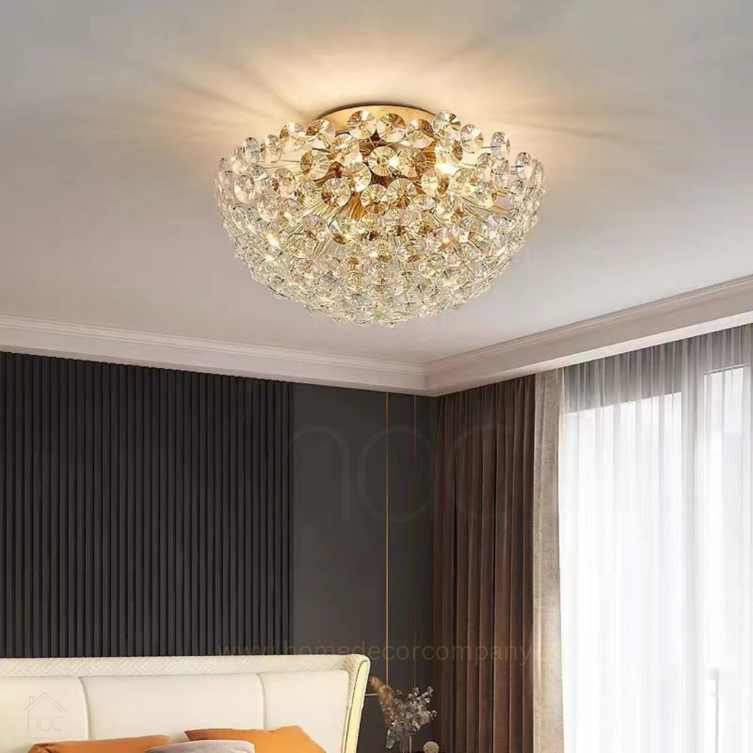 HDC 300MM Gold Luxury Crystal Flush Mount Ceiling Light for Living Area Home - Warm White