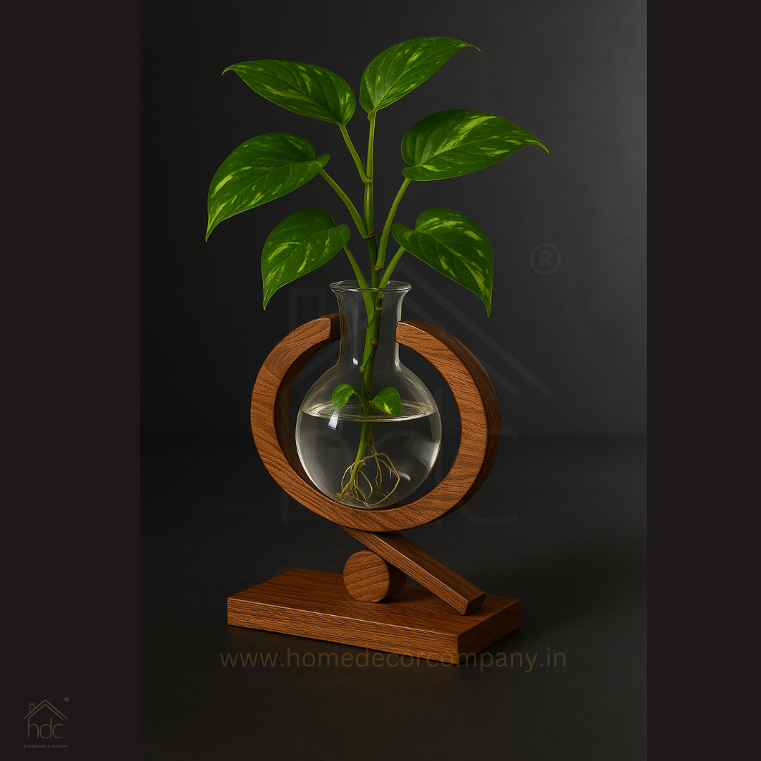 HDC New Design Modern Wooden Hydroponic Planter Vase Office Table Decoration Glass Vase With Wooden Frame