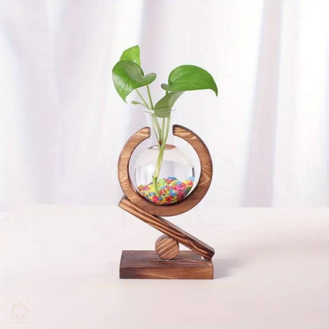 HDC New Design Modern Wooden Hydroponic Planter Vase Office Table Decoration Glass Vase With Wooden Frame