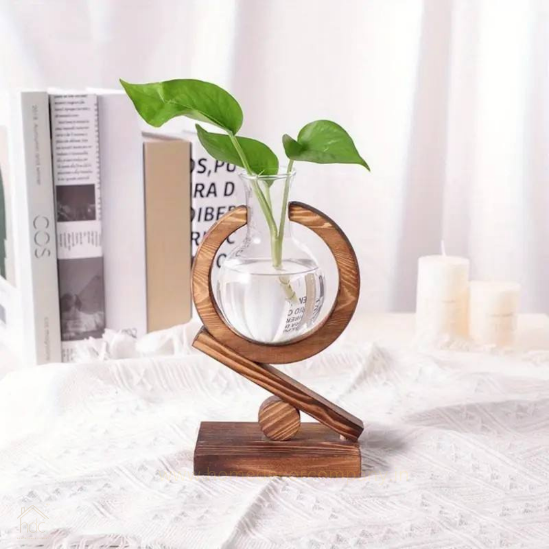 HDC New Design Modern Wooden Hydroponic Planter Vase Office Table Decoration Glass Vase With Wooden Frame
