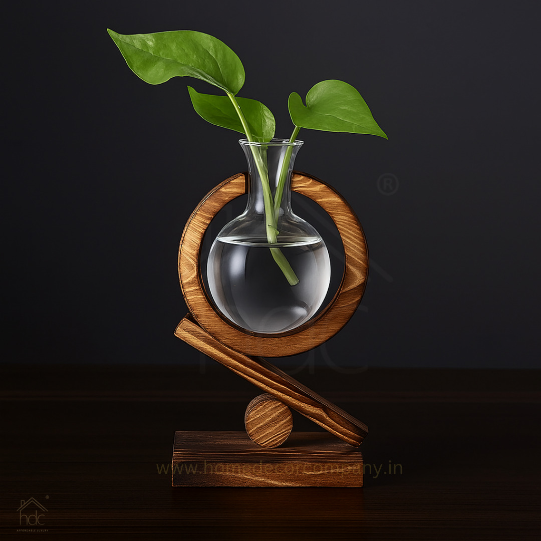 HDC New Design Modern Wooden Hydroponic Planter Vase Office Table Decoration Glass Vase With Wooden Frame