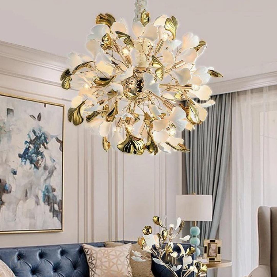 Hdc Gingko Leaf Chandelier Ceramic Pendant Light Living Room Pendant Lamp Luxury Household Artistic Creativity
