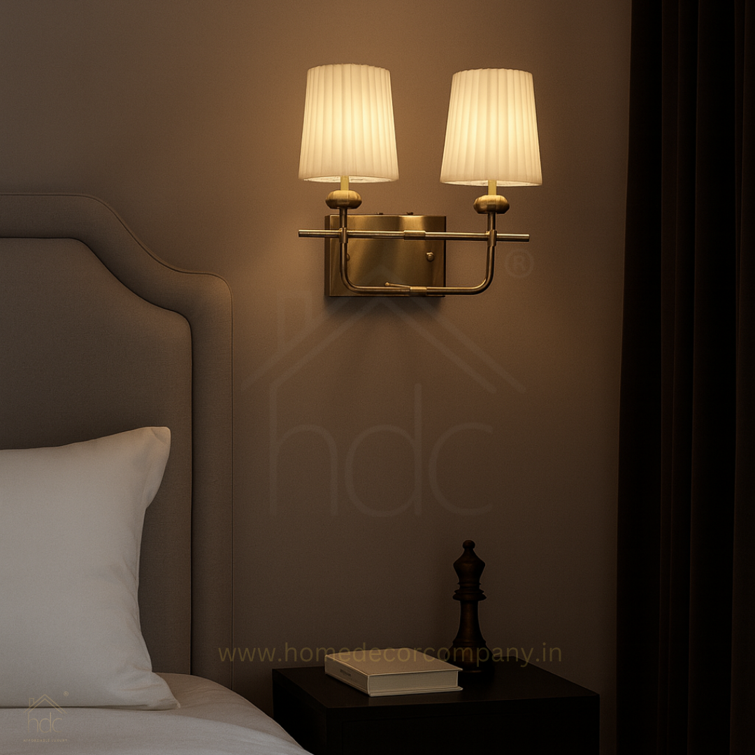 Hdc Modern Double Arm Brass Wall Light with Pleated Fabric Shades Square Base Design For living room, Bedroom, Hallway Wall lights
