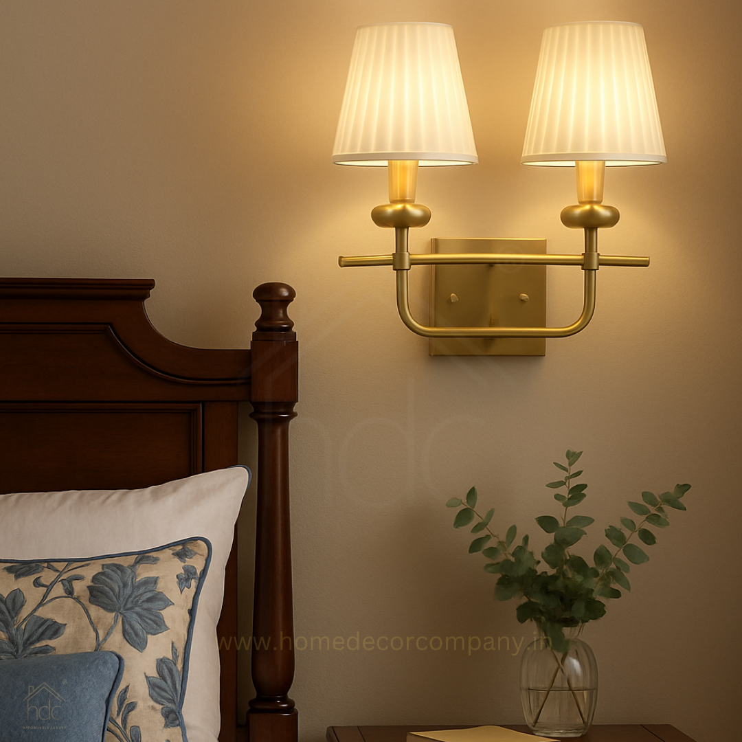Hdc Modern Double Arm Brass Wall Light with Pleated Fabric Shades Square Base Design For living room, Bedroom, Hallway Wall lights
