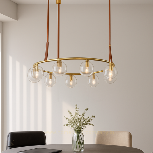 Hdc Modern Globe Leather Strap Suspension with Brass Ring Frame Chandelier