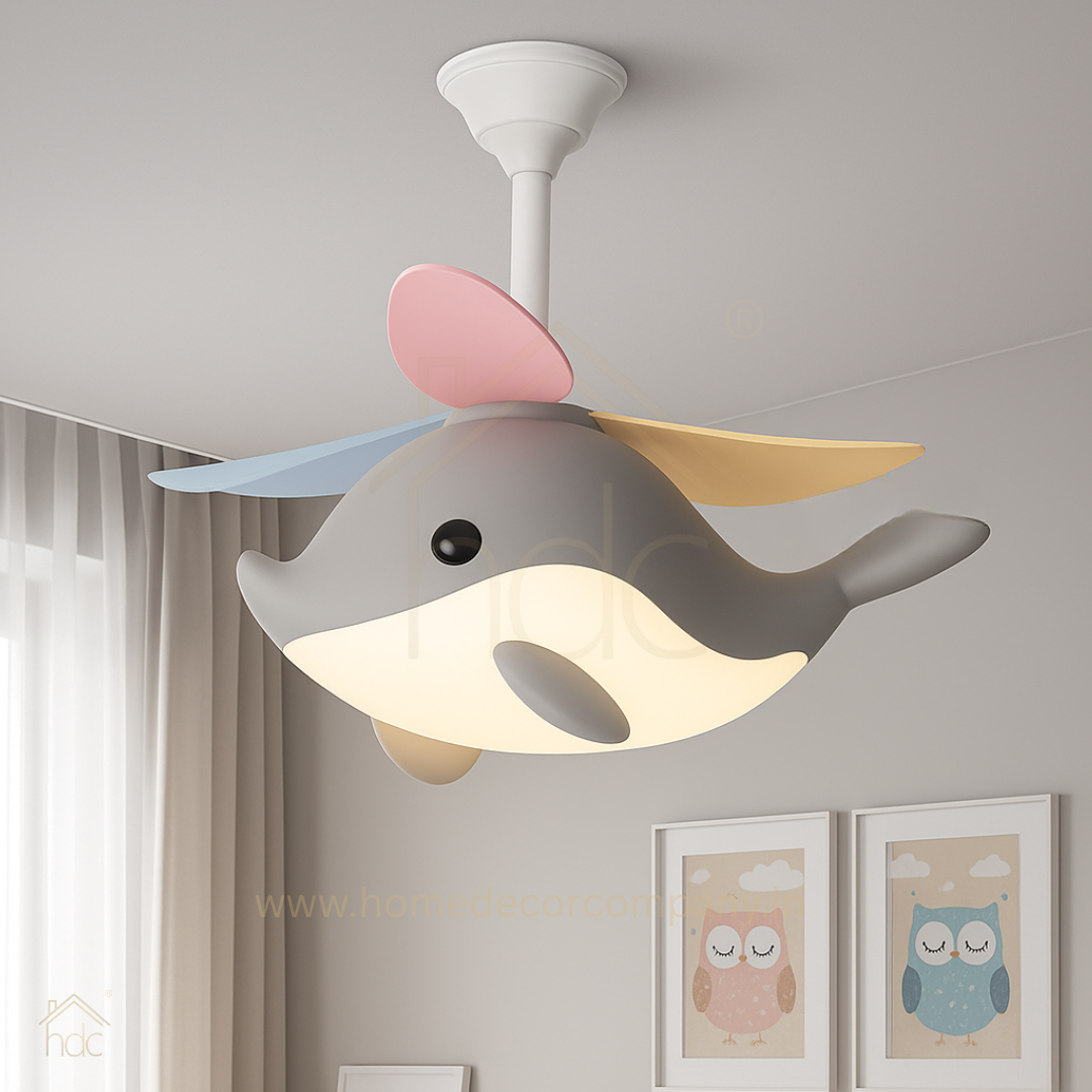 Hdc Kids’ Dolphin Ceiling Fan with LED Light Multi-Color Blades Fan Chandelier