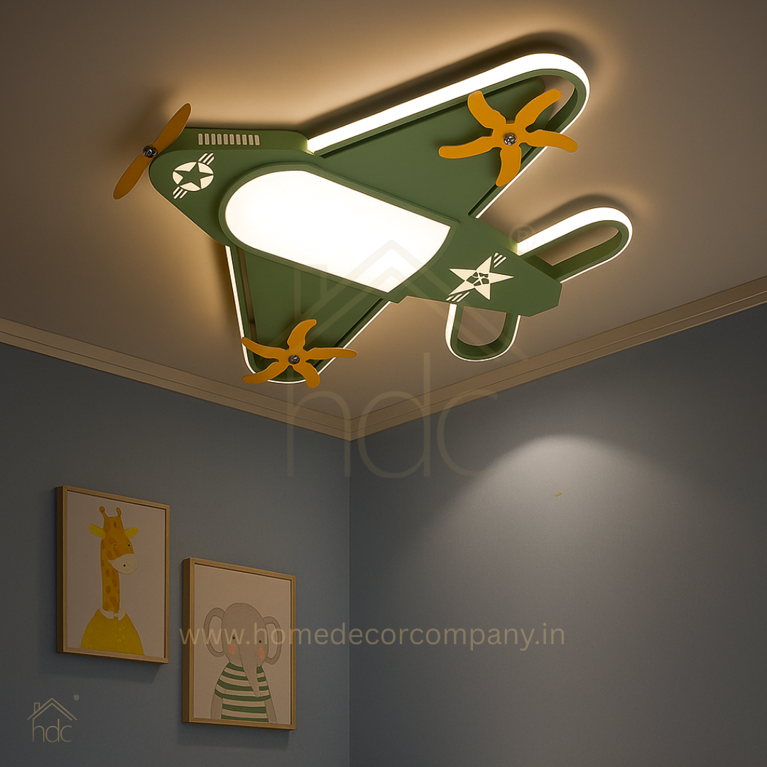 Hdc Aviator Kids Ceiling Light Airplane Shaped LED Fixture for Boys’ Bedroom | Soft White Glow | Green & Yellow Theme | Fun Aviation Design for Nursery, Study or Playroom