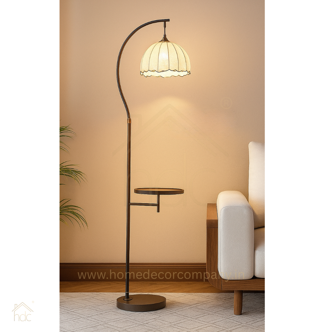 Hdc  Elegant Arc Floor Lamp with Side Table & Vintage Fabric Shade Standing Lamp with Table for Living Room, Bedroom, Office